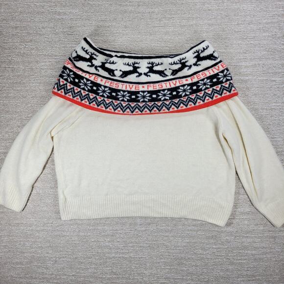 H&M Festive Reindeer Sweater Womens L White Off The Shoulder Holiday Christmas - Picture 6 of 16
